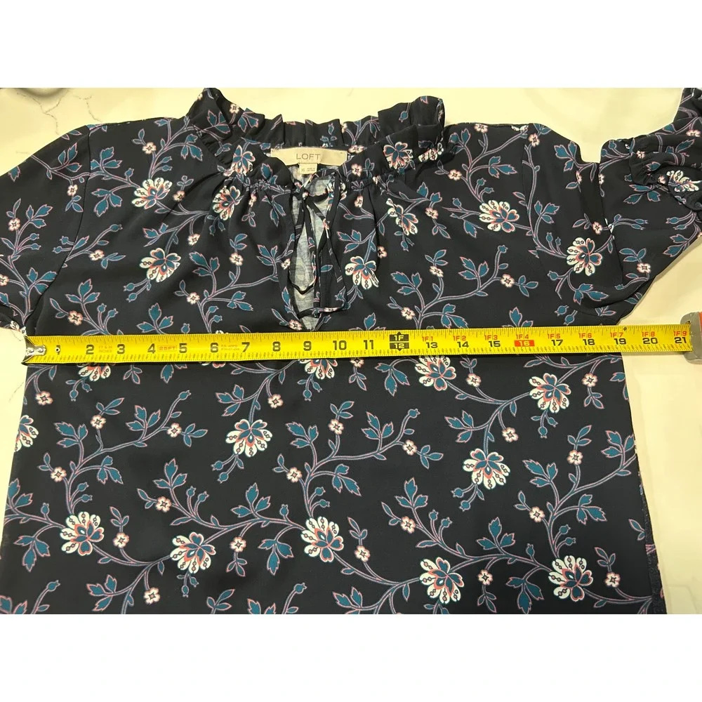 LOFT Navy Blue Floral Ruffle‎ Split Neck Long Sleeve Blouse XS Navy Pink Teal